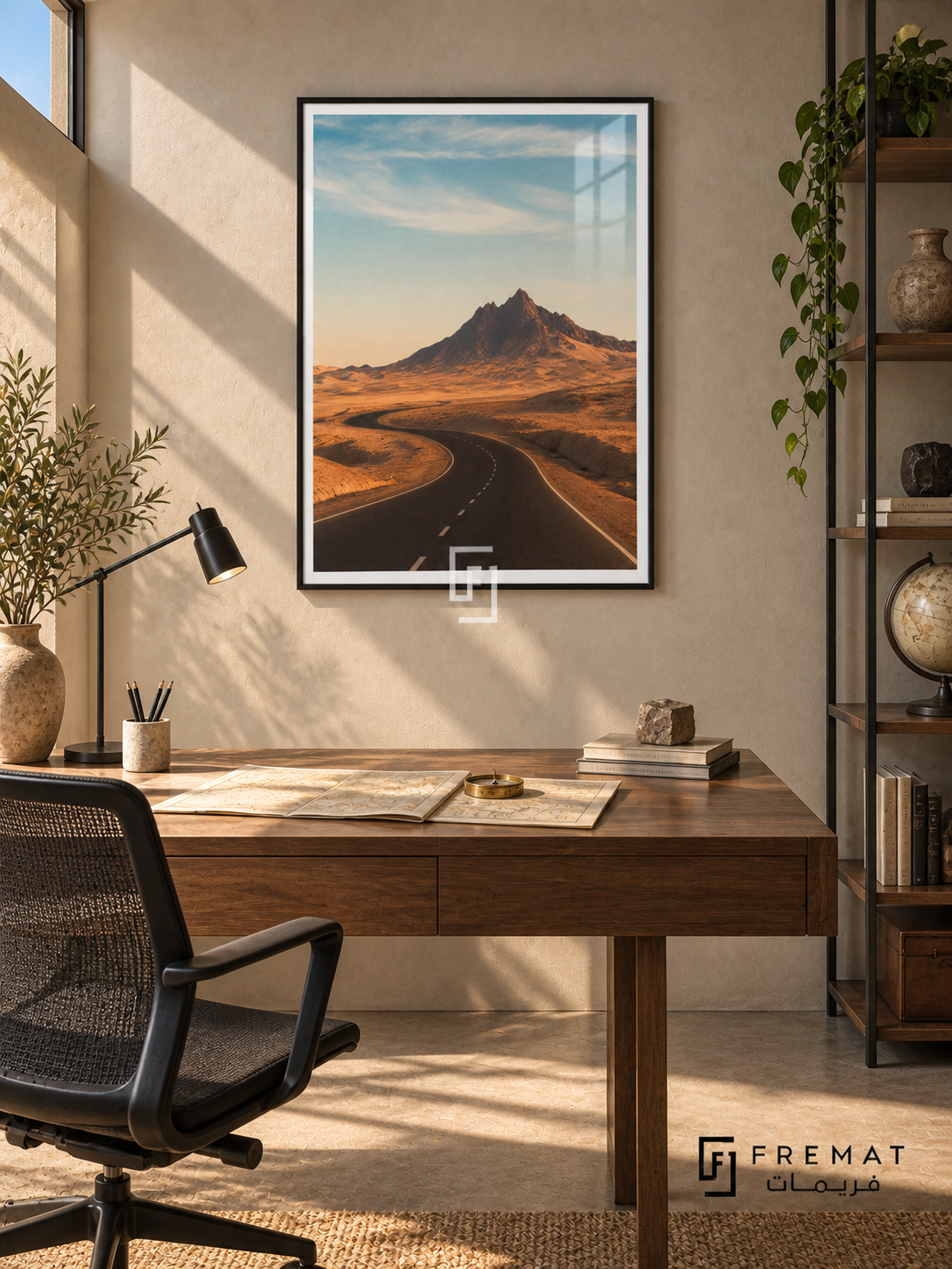 Desert Road tra02 wall art in a matte black PVC frame, with a flat white border in its furnished interior.