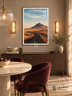 Desert Road tra02 wall art in a champagne gold PVC frame, with a flat white border in its furnished interior.