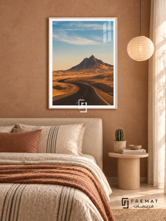 Desert Road tra02 wall art in a satin white PVC frame, with a flat white border in its furnished interior.