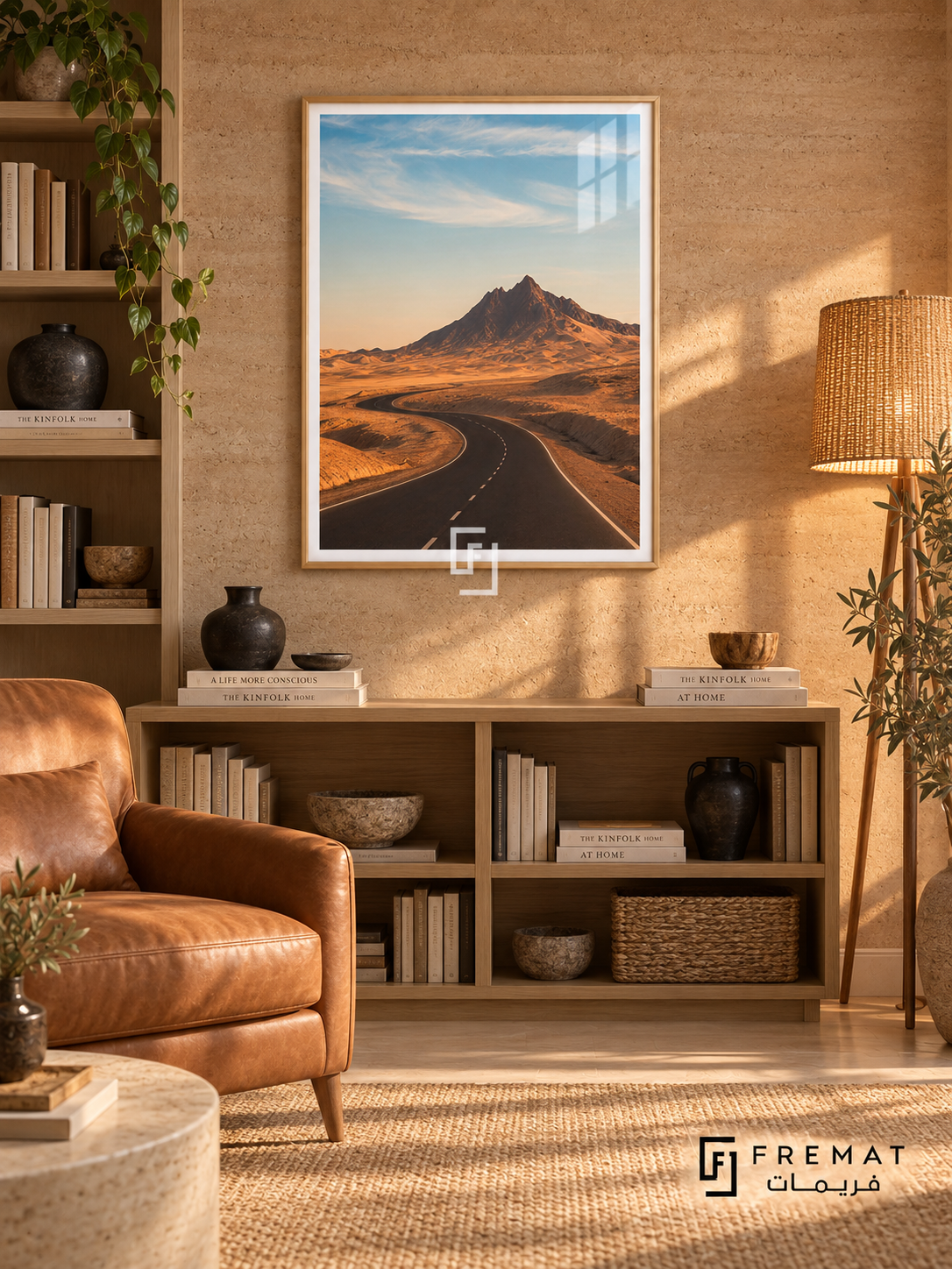 Desert Road tra02 wall art in a light wood-grain PVC frame, with a flat white border in its furnished interior.
