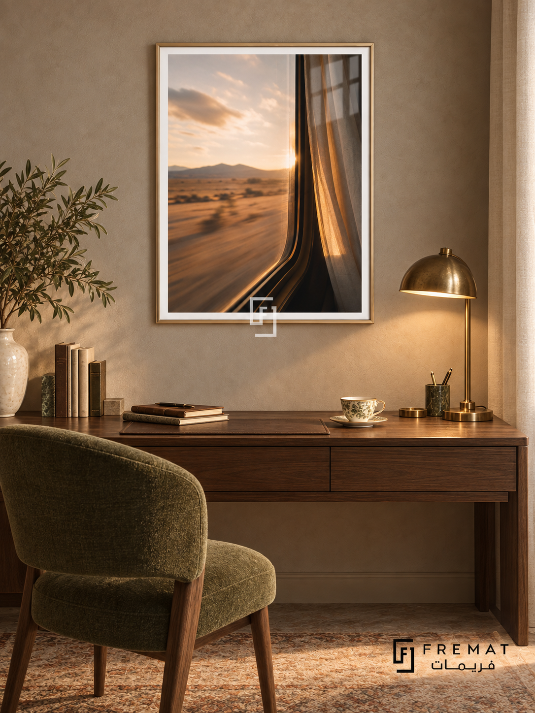 Train Window tra03 wall art in a champagne gold PVC frame, with a flat white border in its furnished interior.