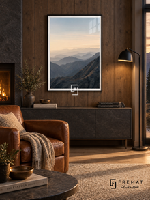 Mountain Horizon tra04 wall art in a matte black PVC frame, with a flat white border in its furnished interior.