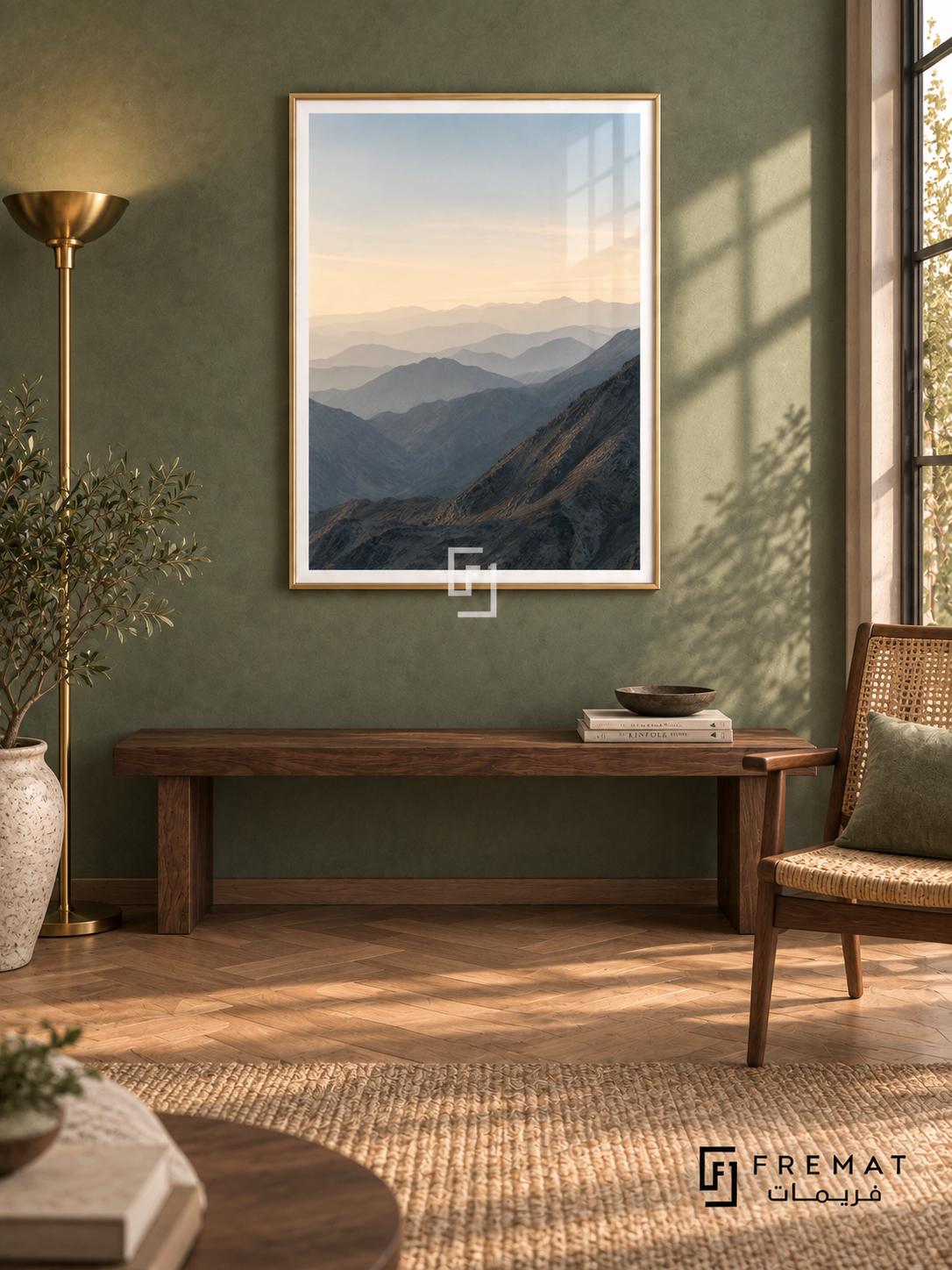 Mountain Horizon tra04 wall art in a champagne gold PVC frame, with a flat white border in its furnished interior.