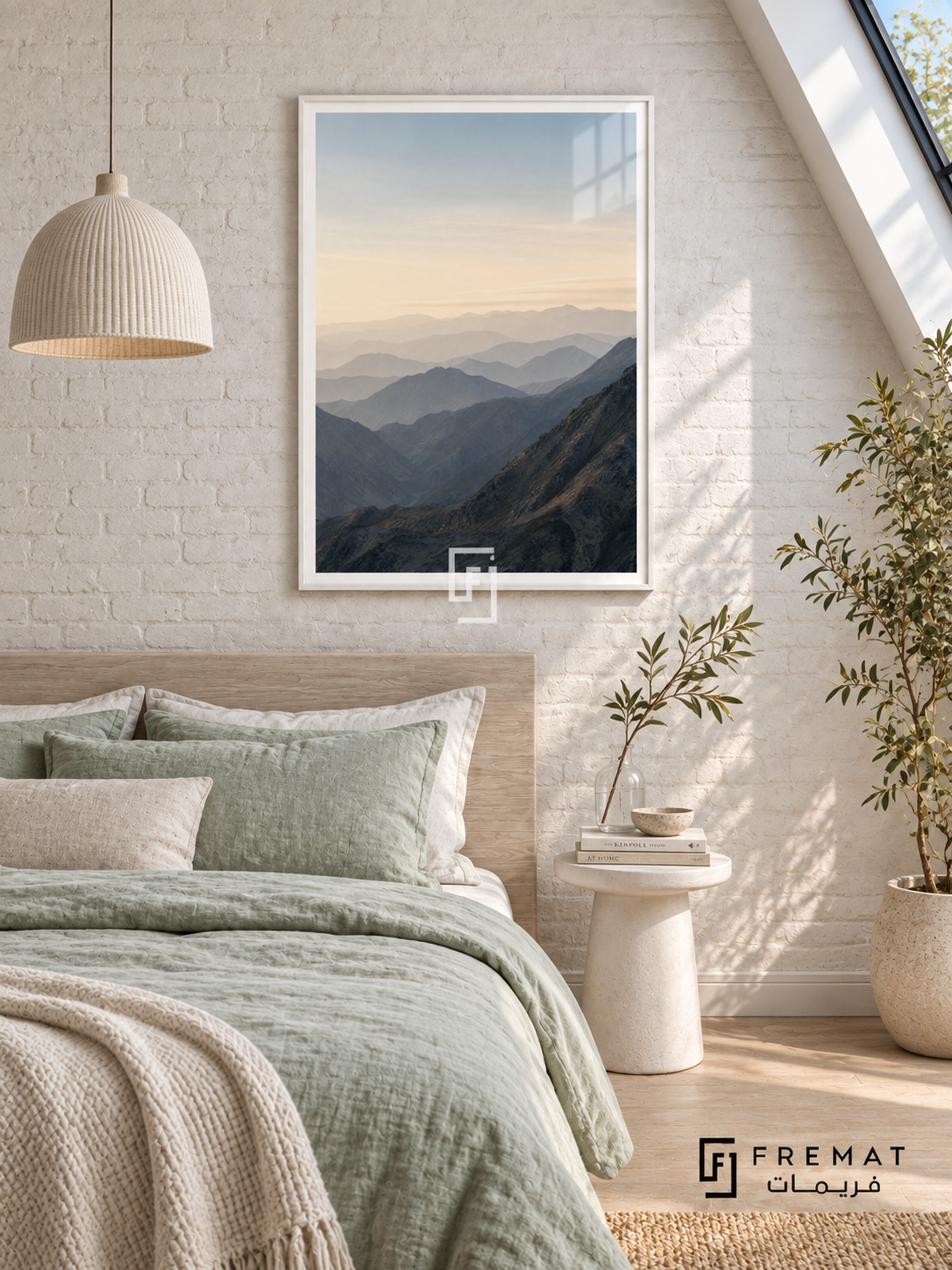 Mountain Horizon tra04 wall art in a satin white PVC frame, with a flat white border in its furnished interior.