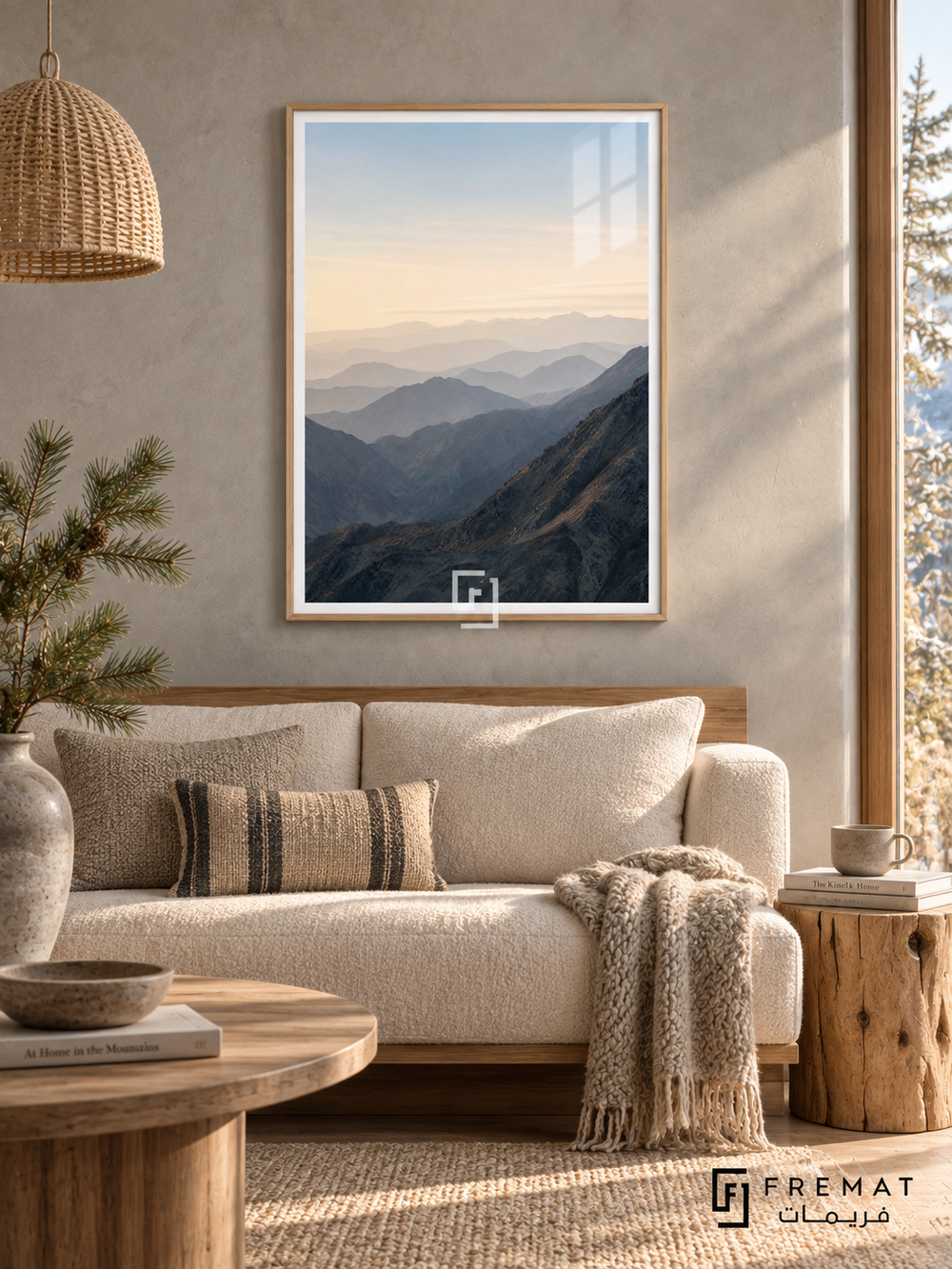 Mountain Horizon tra04 wall art in a light wood-grain PVC frame, with a flat white border in its furnished interior.