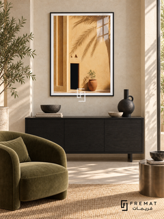 Palm Courtyard tra05 wall art in a matte black PVC frame, with a flat white border in its furnished interior.