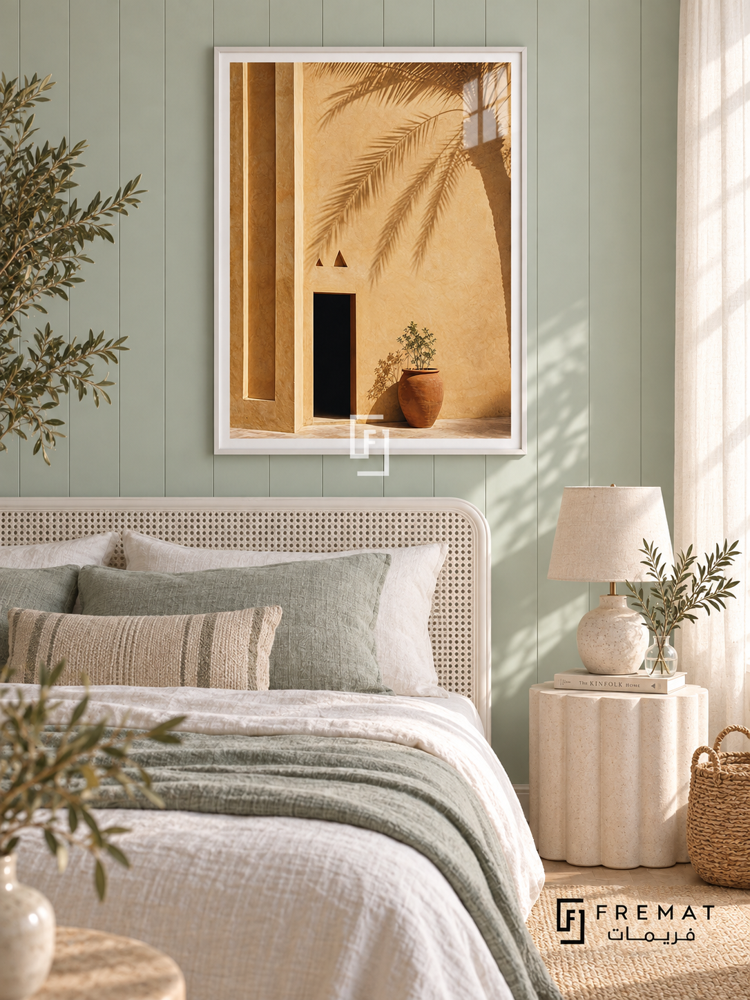 Palm Courtyard tra05 wall art in a satin white PVC frame, with a flat white border in its furnished interior.