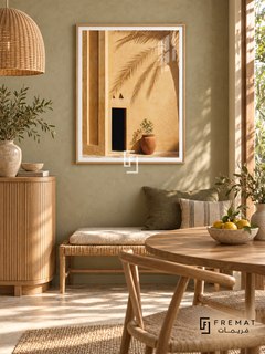 Palm Courtyard tra05 wall art in a light wood-grain PVC frame, with a flat white border in its furnished interior.