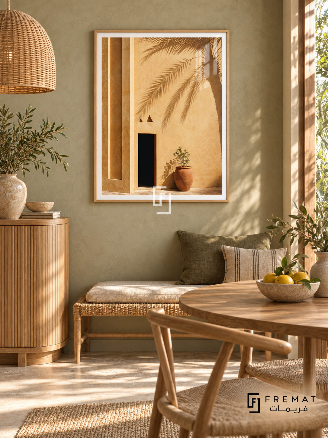 Palm Courtyard tra05 wall art in a light wood-grain PVC frame, with a flat white border in its furnished interior.