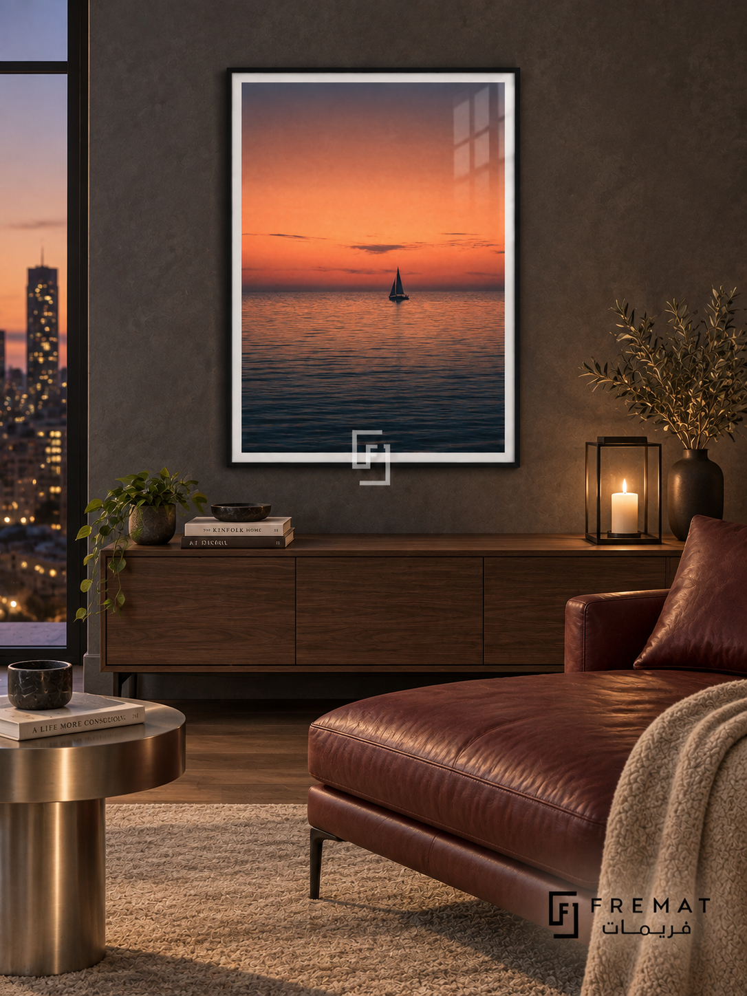 Sail at Dusk tra07 wall art in a matte black PVC frame, with a flat white border in its furnished interior.