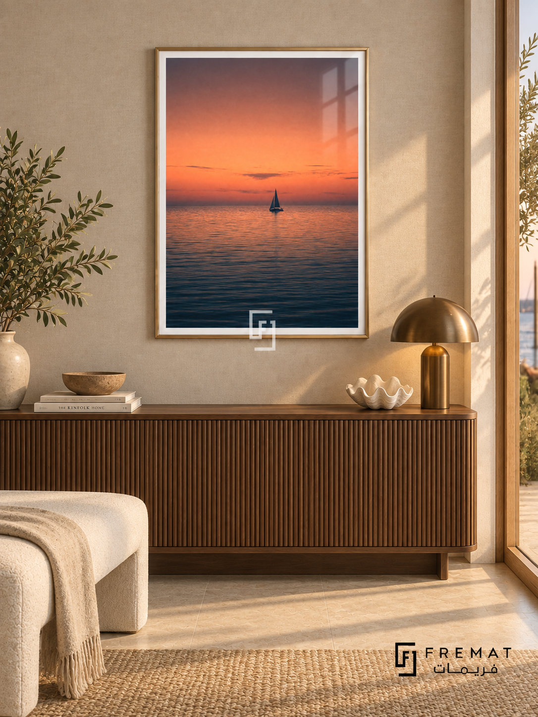Sail at Dusk tra07 wall art in a champagne gold PVC frame, with a flat white border in its furnished interior.