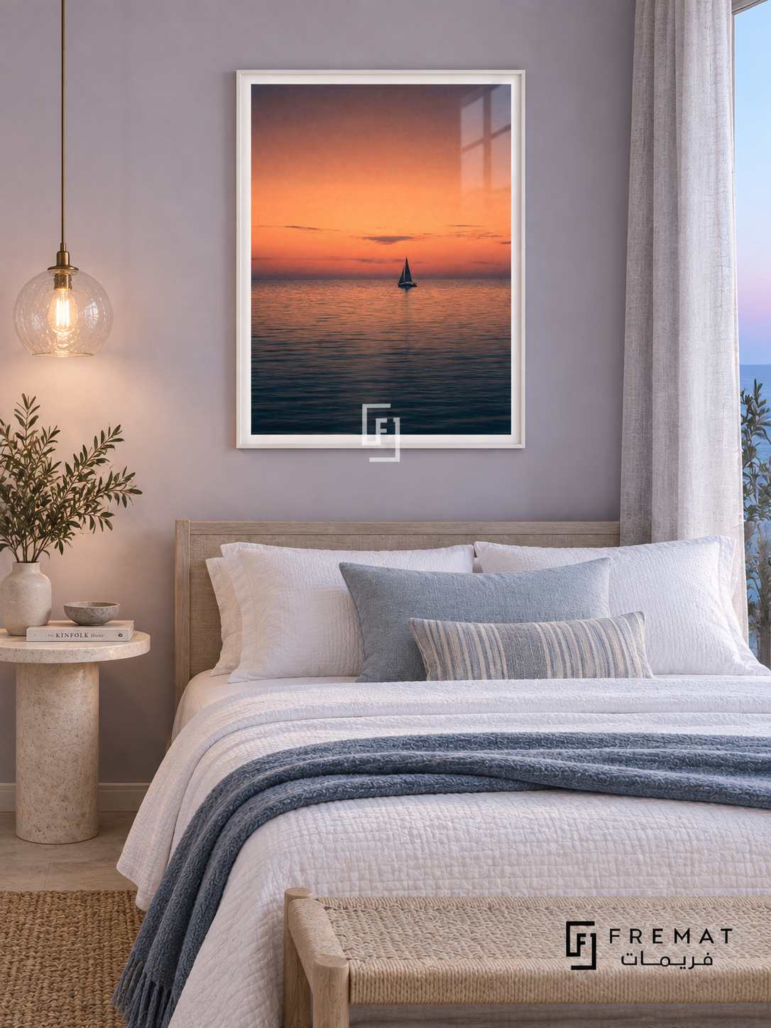 Sail at Dusk tra07 wall art in a satin white PVC frame, with a flat white border in its furnished interior.