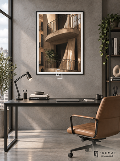 City Balcony tra08 wall art in a matte black PVC frame, with a flat white border in its furnished interior.