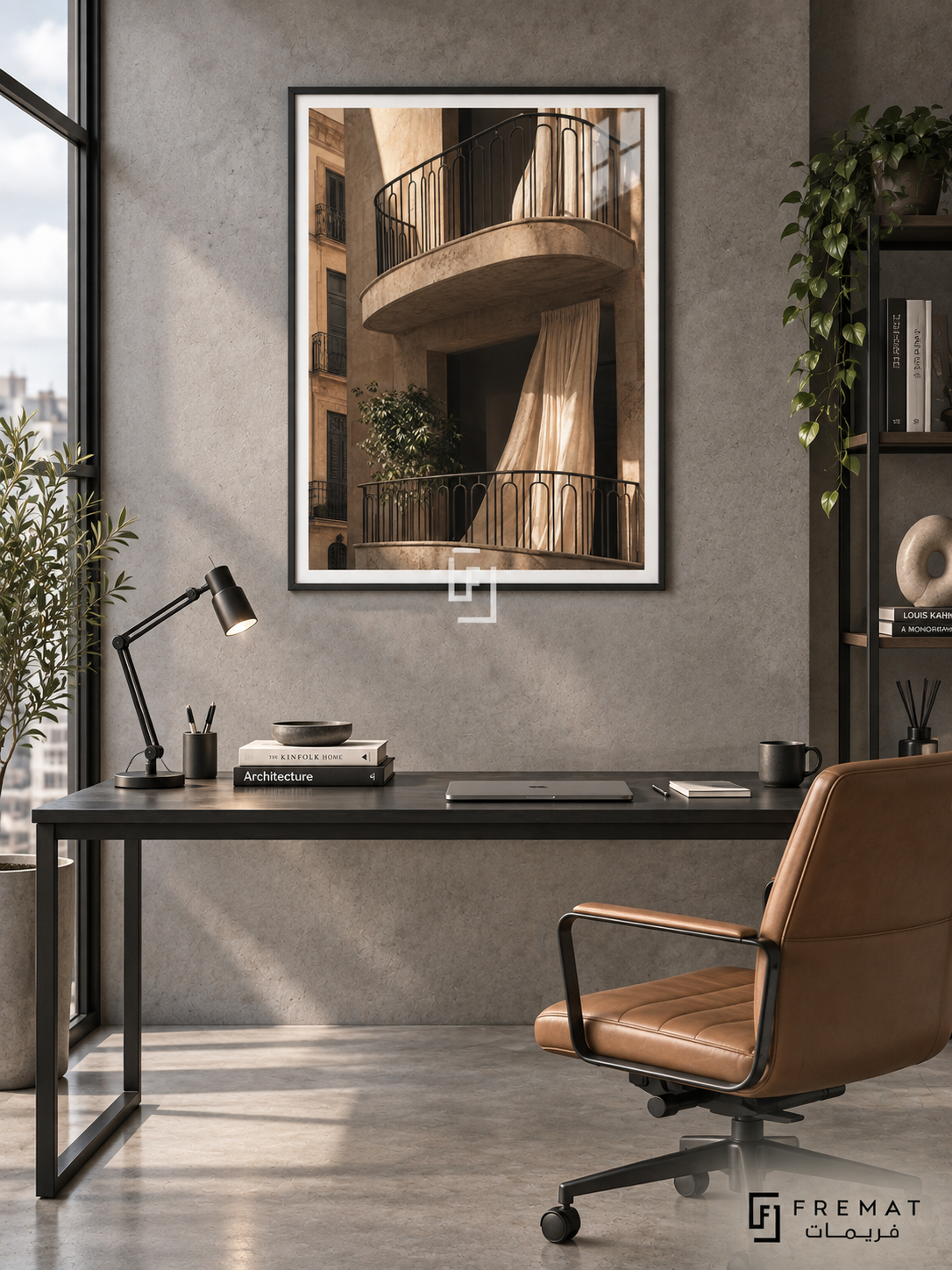 City Balcony tra08 wall art in a matte black PVC frame, with a flat white border in its furnished interior.