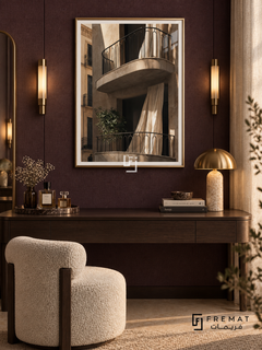 City Balcony tra08 wall art in a champagne gold PVC frame, with a flat white border in its furnished interior.