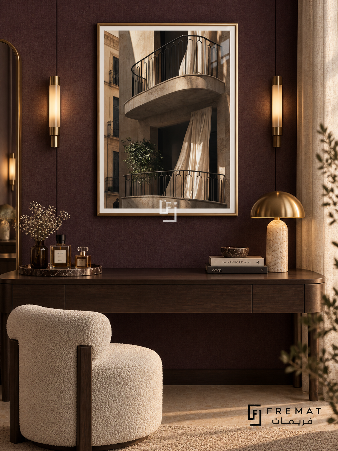City Balcony tra08 wall art in a champagne gold PVC frame, with a flat white border in its furnished interior.