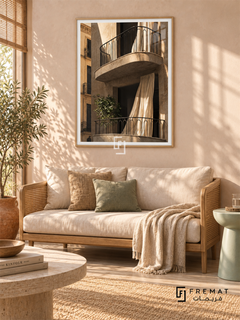 City Balcony tra08 wall art in a light wood-grain PVC frame, with a flat white border in its furnished interior.