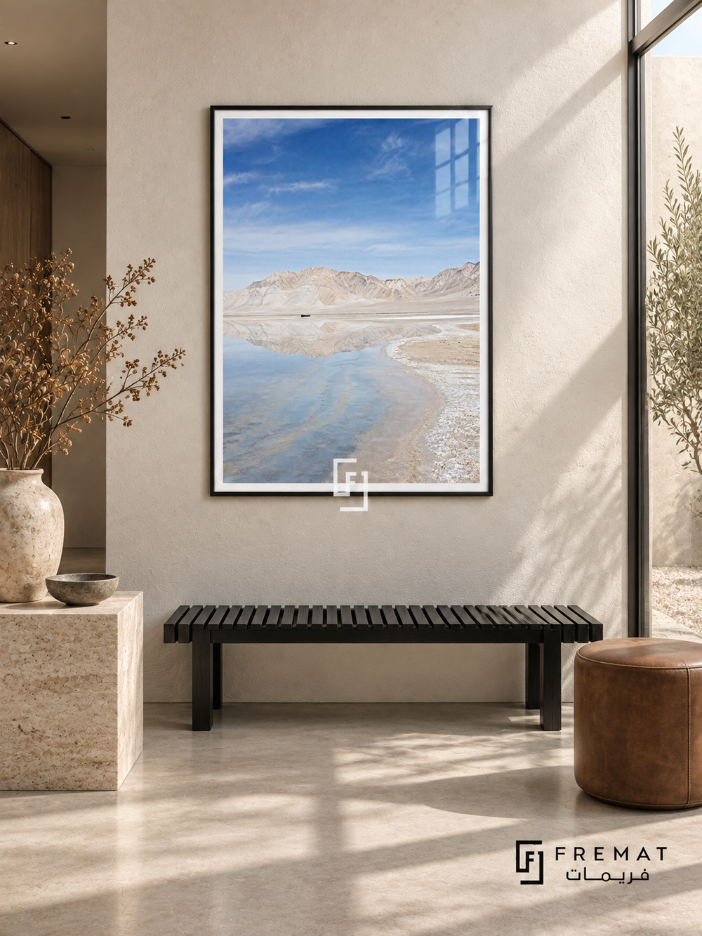 Salt Lake tra09 wall art in a matte black PVC frame, with a flat white border in its furnished interior.