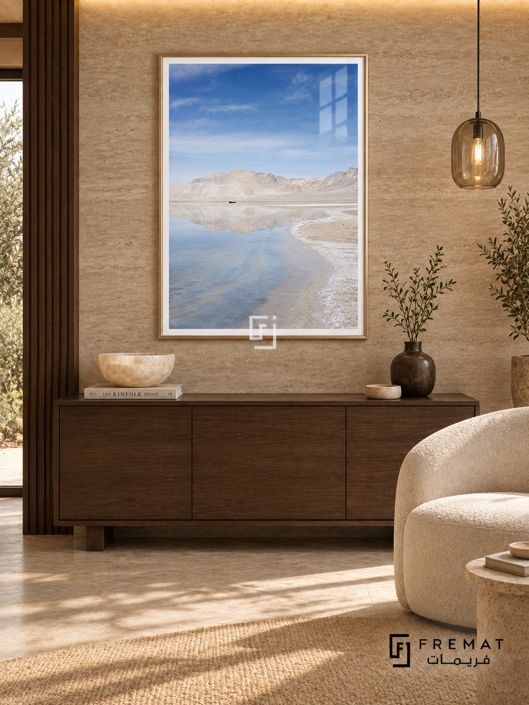 Salt Lake tra09 wall art in a champagne gold PVC frame, with a flat white border in its furnished interior.