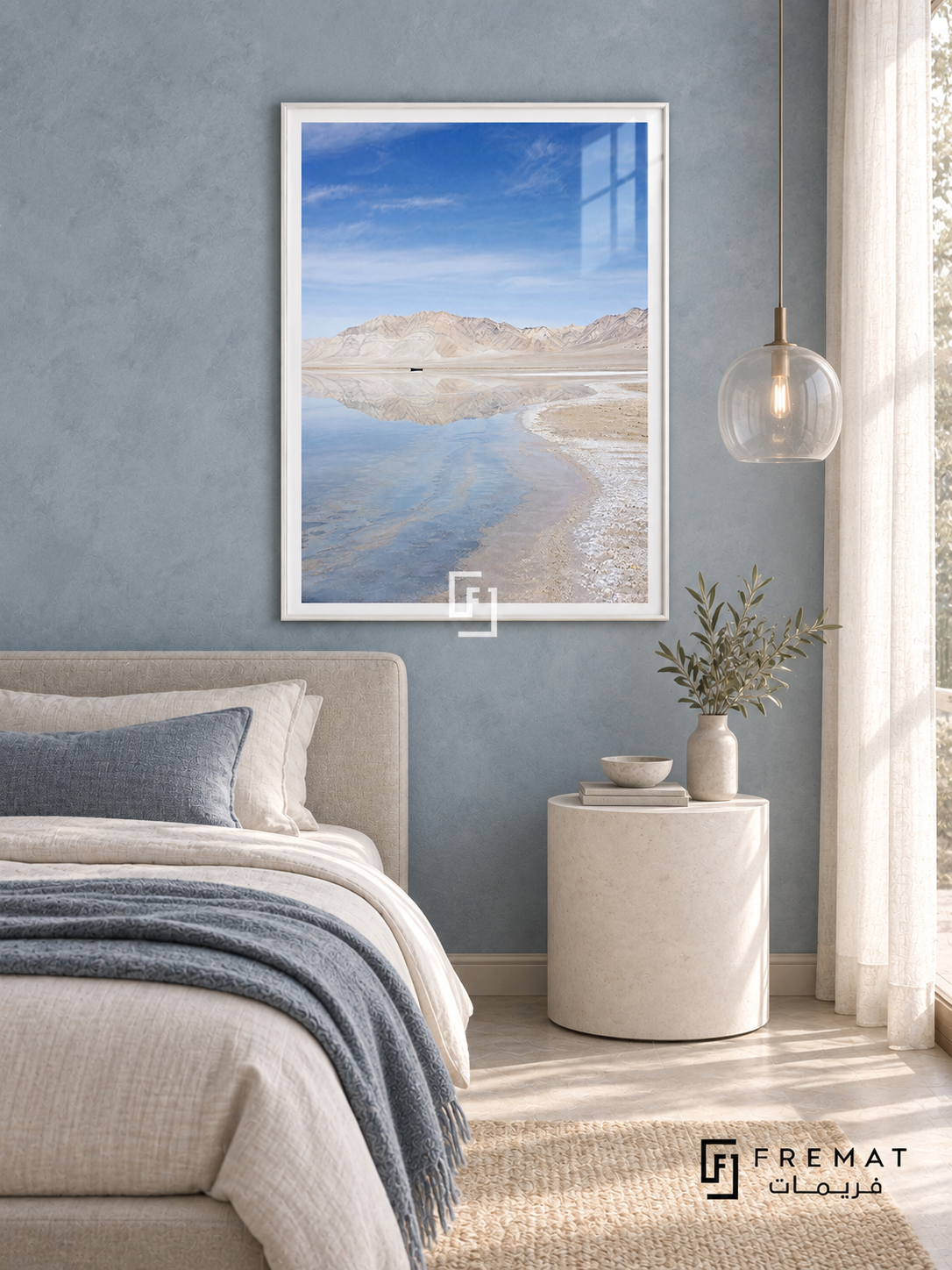 Salt Lake tra09 wall art in a satin white PVC frame, with a flat white border in its furnished interior.