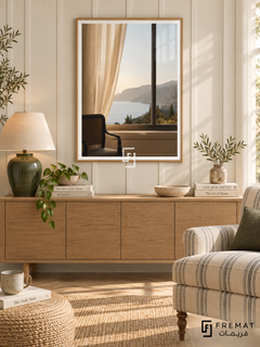 Room with a View tra10 wall art in a light wood-grain PVC frame, with a flat white border in its furnished interior.