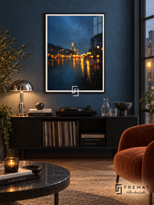 Rain on Glass tra11 wall art in a matte black PVC frame, with a flat white border in its furnished interior.