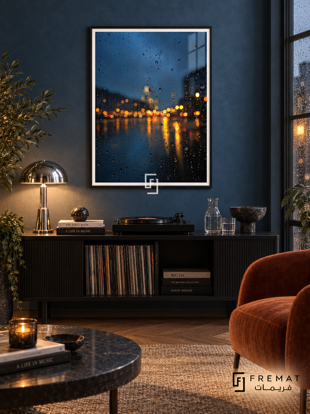 Rain on Glass tra11 wall art in a matte black PVC frame, with a flat white border in its furnished interior.