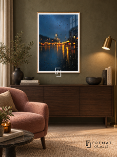 Rain on Glass tra11 wall art in a champagne gold PVC frame, with a flat white border in its furnished interior.