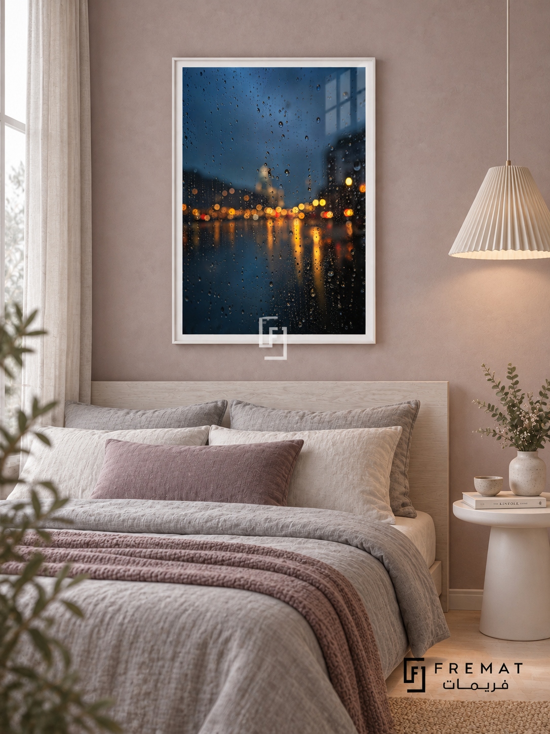 Rain on Glass tra11 wall art in a satin white PVC frame, with a flat white border in its furnished interior.