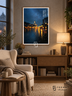 Rain on Glass tra11 wall art in a light wood-grain PVC frame, with a flat white border in its furnished interior.