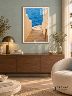 Coastal Steps tra12 wall art in a champagne gold PVC frame, with a flat white border in its furnished interior.
