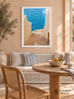 Coastal Steps tra12 wall art in a satin white PVC frame, with a flat white border in its furnished interior.