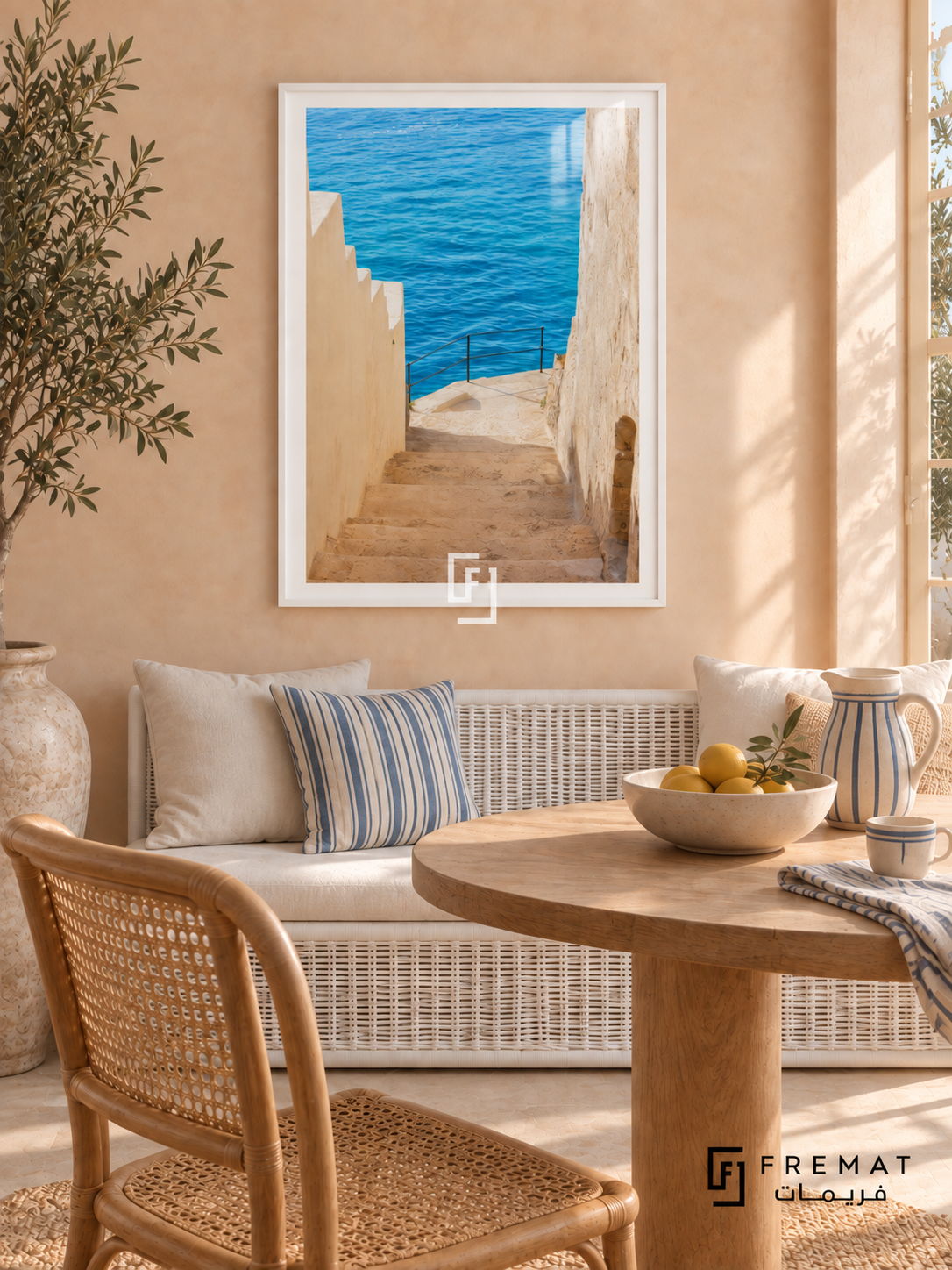 Coastal Steps tra12 wall art in a satin white PVC frame, with a flat white border in its furnished interior.