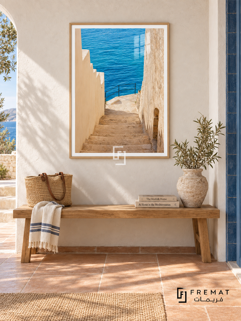 Coastal Steps tra12 wall art in a light wood-grain PVC frame, with a flat white border in its furnished interior.
