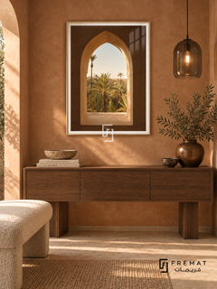 Oasis Window tra14 wall art in a champagne gold PVC frame, with a flat white border in its furnished interior.