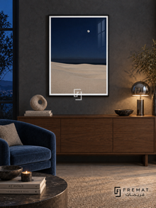 Moonlit Dunes tra15 wall art in a matte black PVC frame, with a flat white border in its furnished interior.
