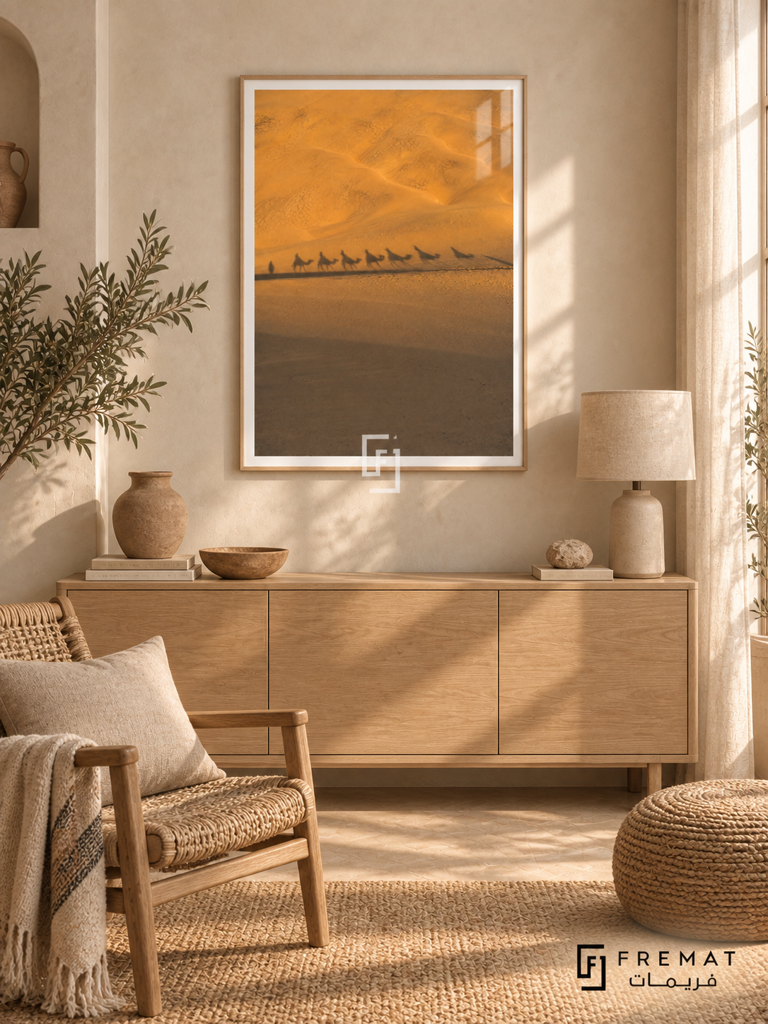 Caravan Shadow tra16 wall art in a light wood-grain PVC frame, with a flat white border in its furnished interior.
