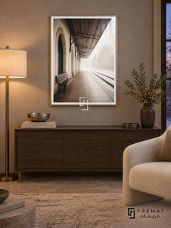 Winter Station tra17 wall art in a champagne gold PVC frame, with a flat white border in its furnished interior.