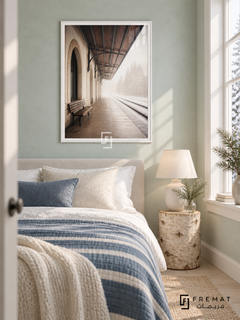 Winter Station tra17 wall art in a satin white PVC frame, with a flat white border in its furnished interior.