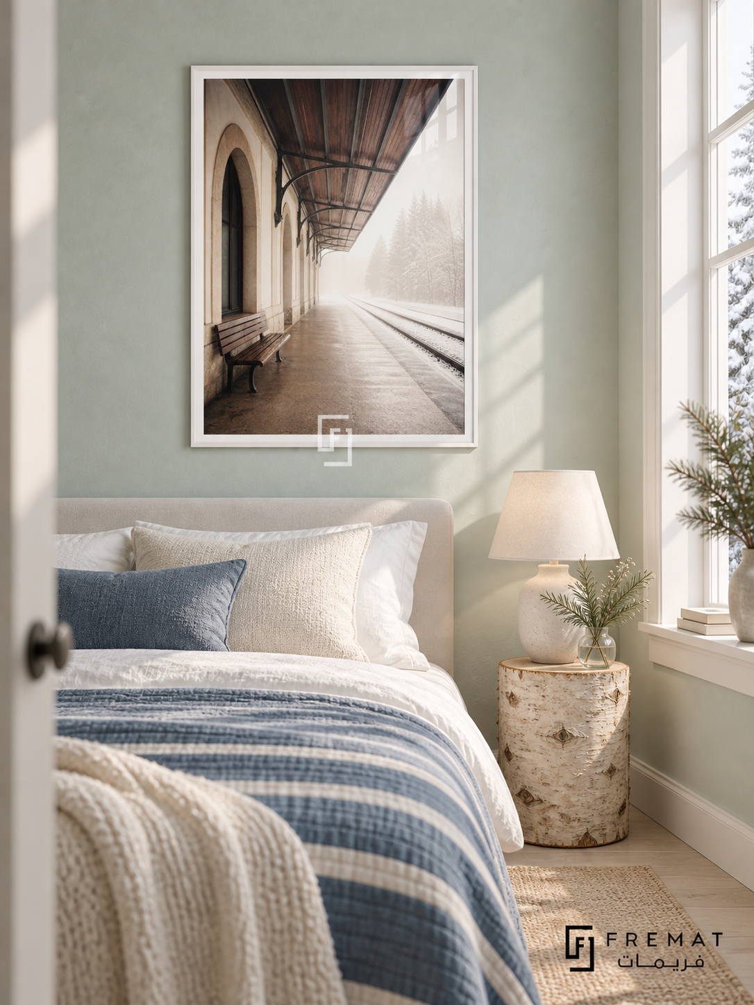 Winter Station tra17 wall art in a satin white PVC frame, with a flat white border in its furnished interior.
