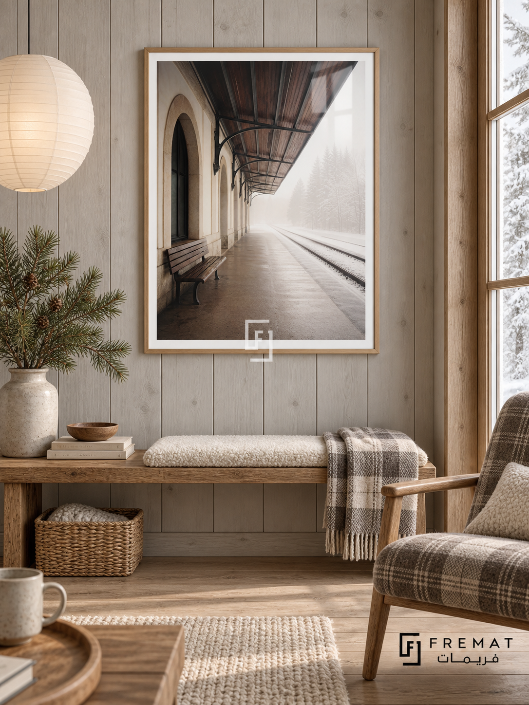 Winter Station tra17 wall art in a light wood-grain PVC frame, with a flat white border in its furnished interior.