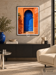 Blue Doorway tra18 wall art in a matte black PVC frame, with a flat white border in its furnished interior.