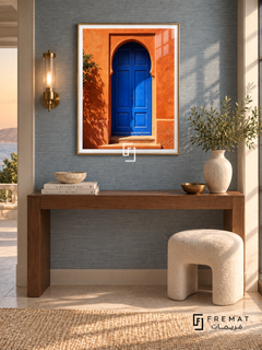Blue Doorway tra18 wall art in a champagne gold PVC frame, with a flat white border in its furnished interior.