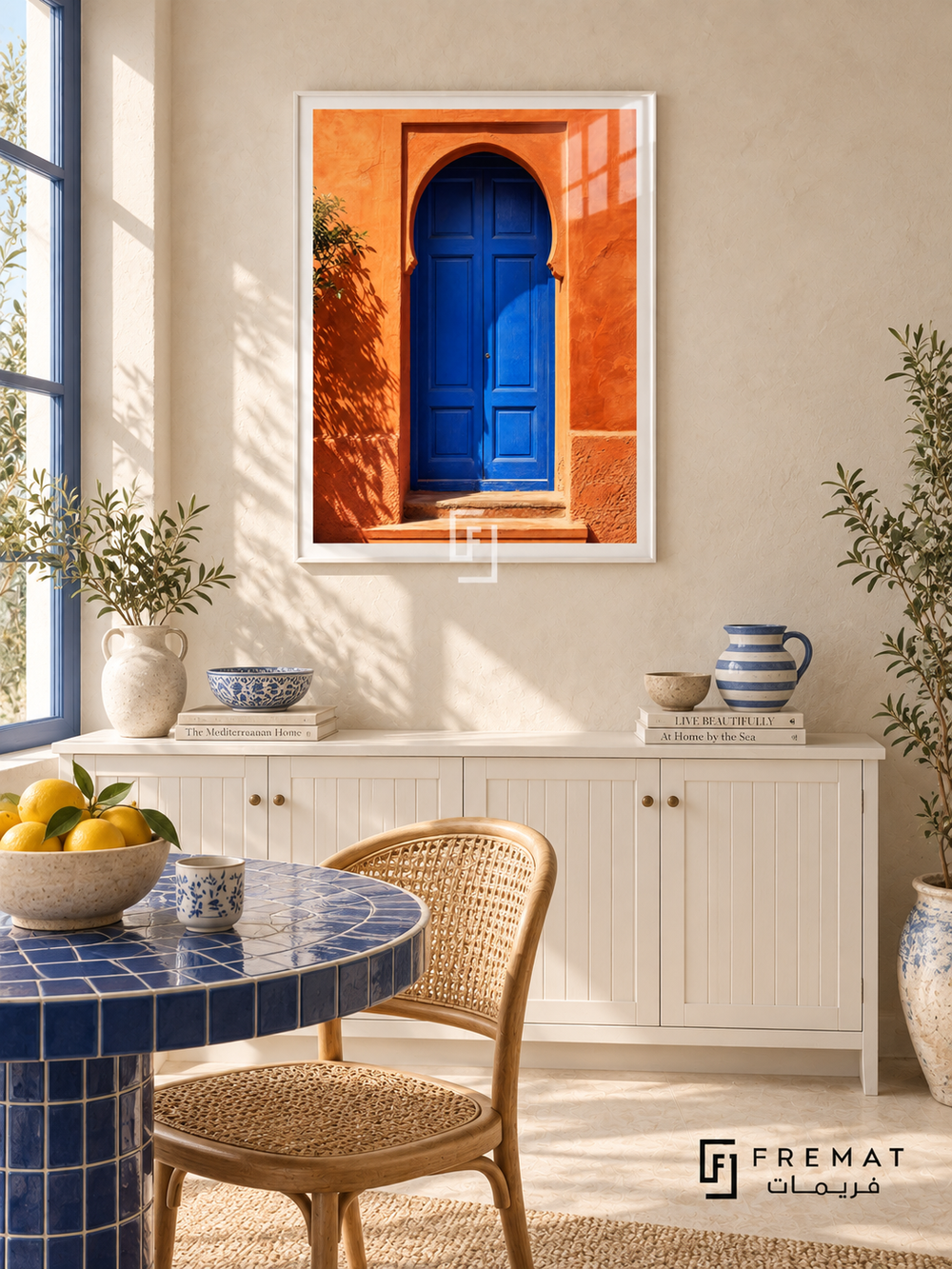 Blue Doorway tra18 wall art in a satin white PVC frame, with a flat white border in its furnished interior.