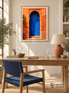 Blue Doorway tra18 wall art in a light wood-grain PVC frame, with a flat white border in its furnished interior.