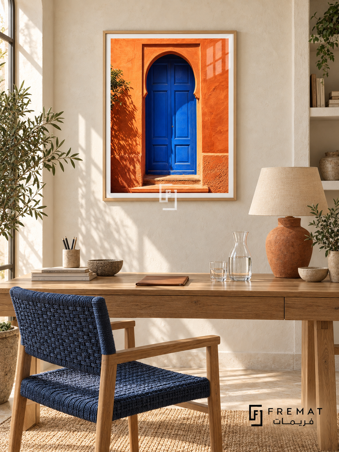 Blue Doorway tra18 wall art in a light wood-grain PVC frame, with a flat white border in its furnished interior.