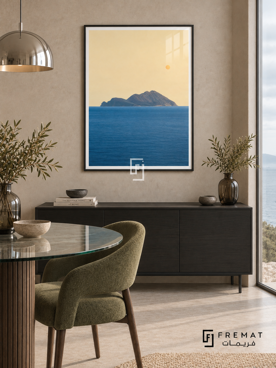Island Horizon tra19 wall art in a matte black PVC frame, with a flat white border in its furnished interior.