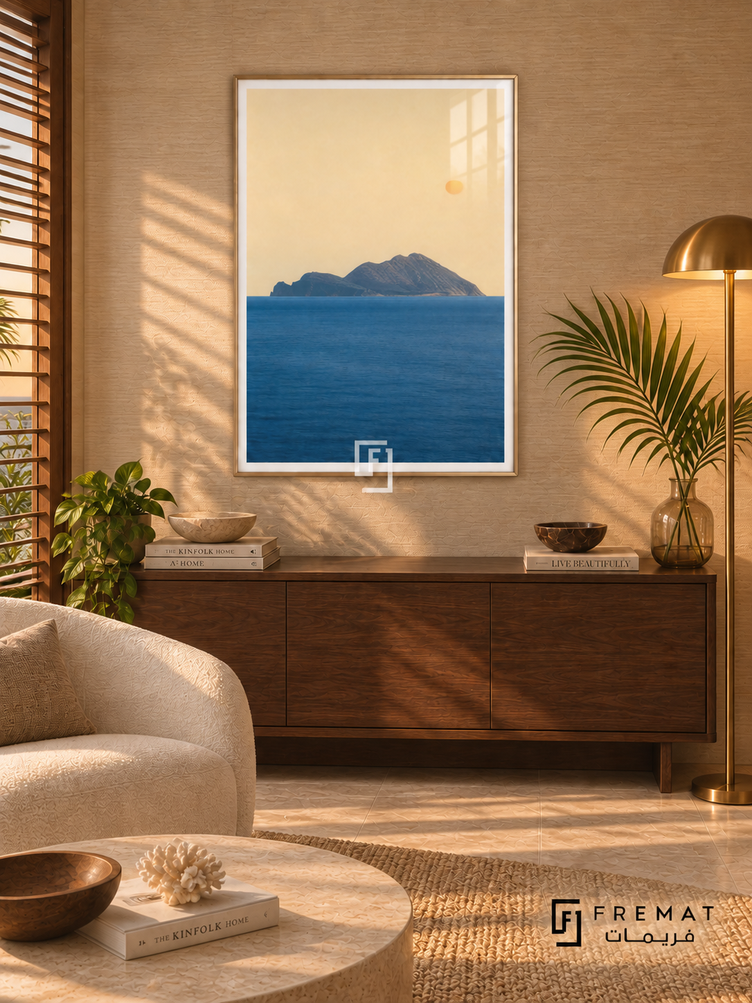 Island Horizon tra19 wall art in a champagne gold PVC frame, with a flat white border in its furnished interior.