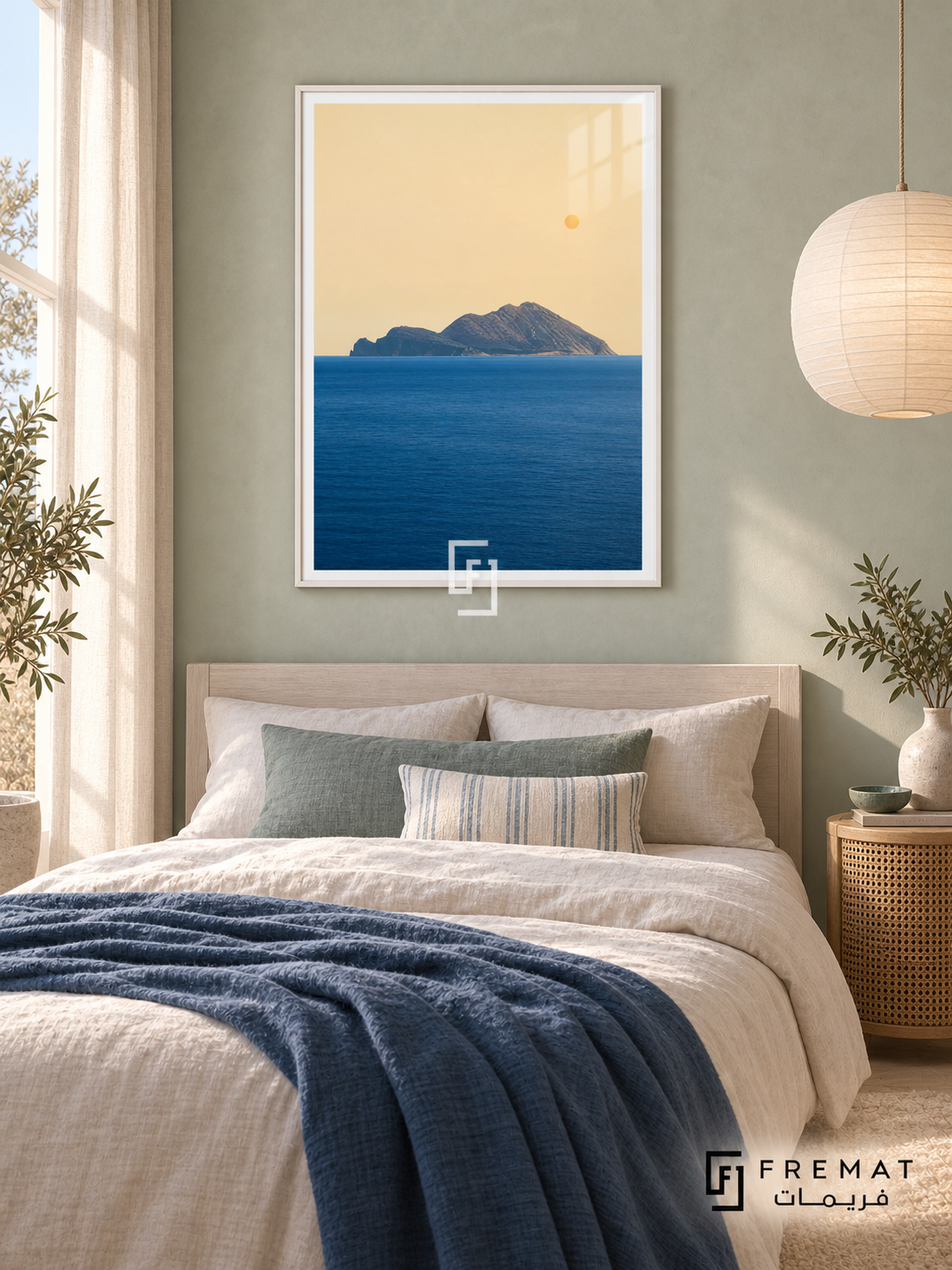 Island Horizon tra19 wall art in a satin white PVC frame, with a flat white border in its furnished interior.