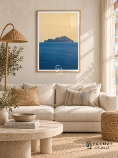 Island Horizon tra19 wall art in a light wood-grain PVC frame, with a flat white border in its furnished interior.